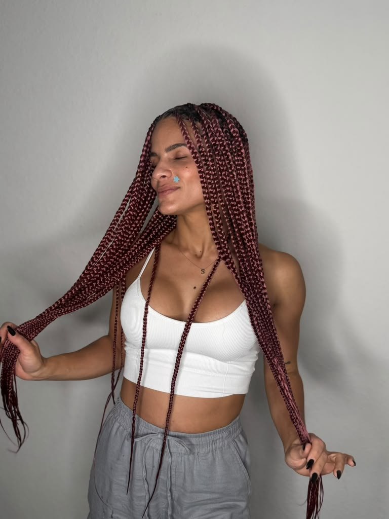 Long burgundy two-tone box braids, front-facing view