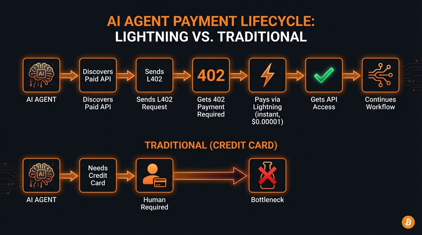 AI Agent payment lifecycle: L402 Lightning flow vs traditional credit card bottleneck