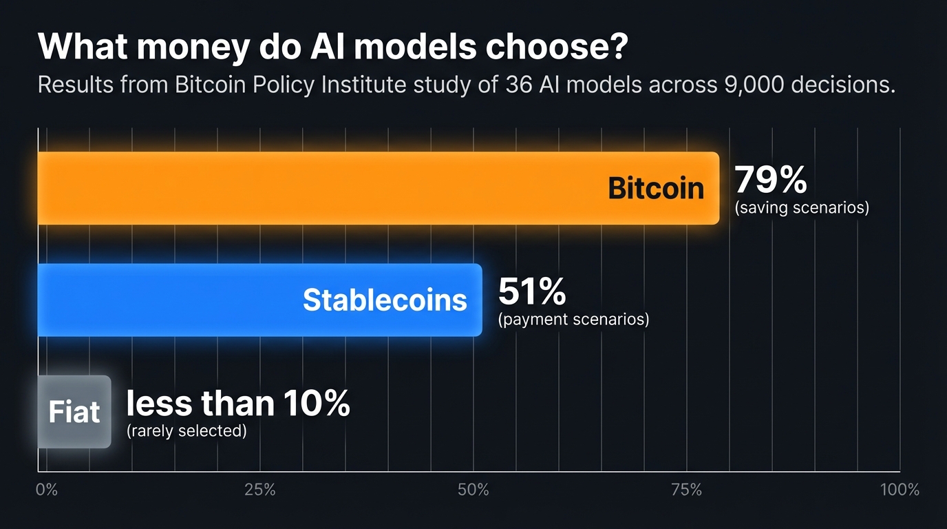 Bar chart showing results from Bitcoin Policy Institute study: 79% of AI models chose Bitcoin for saving, 51% chose stablecoins for payments, fiat rarely selected