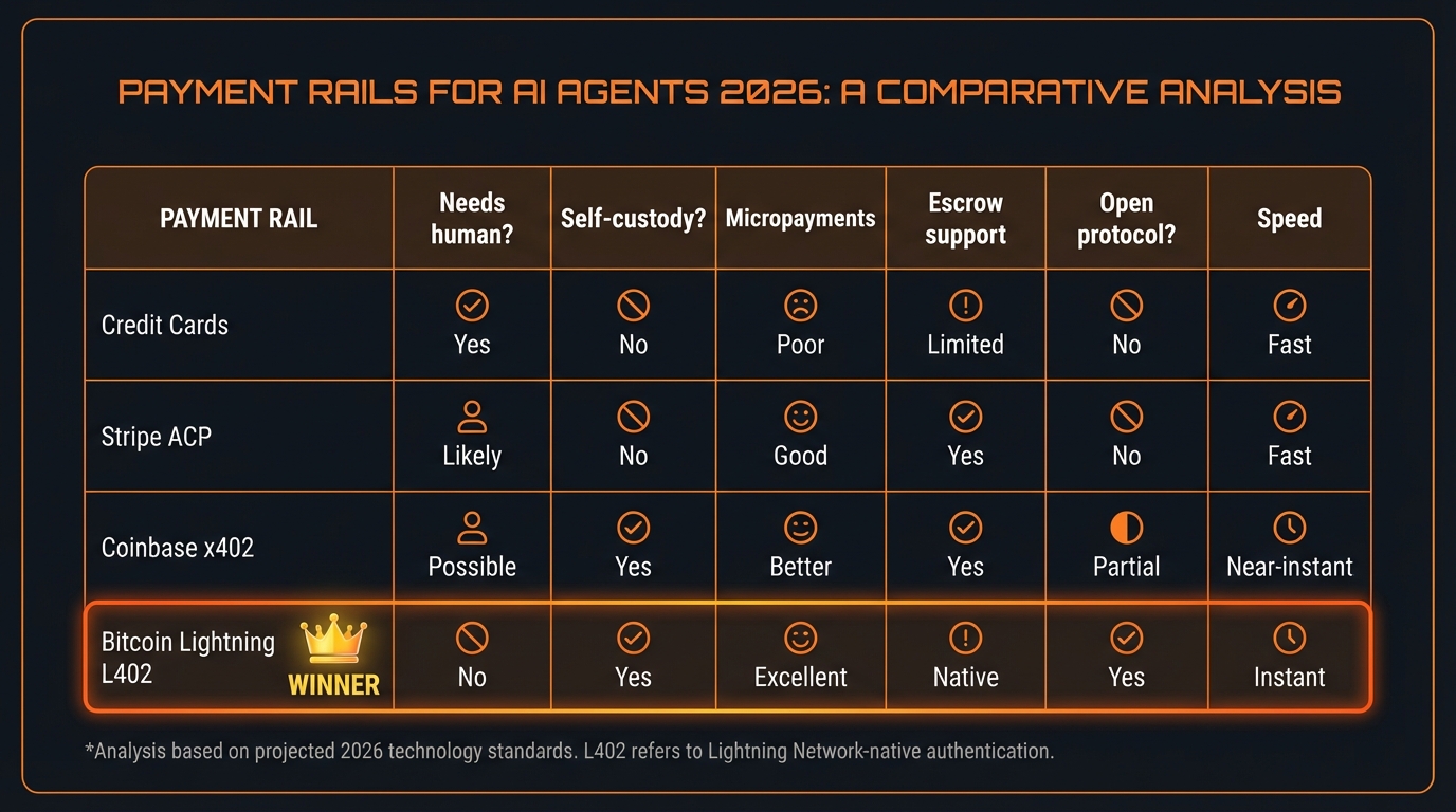 Comparison table of payment rails for AI agents in 2026: Credit Cards, Stripe ACP, Coinbase x402, Bitcoin Lightning L402
