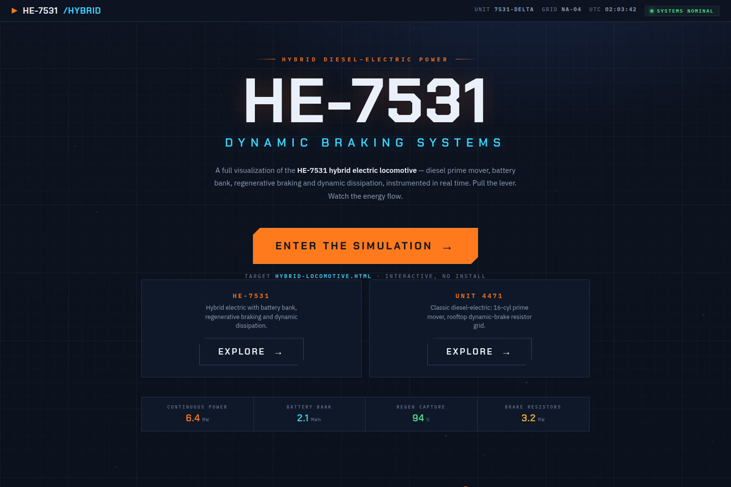 The hybrid locomotive simulators landing page showing the two engine variants